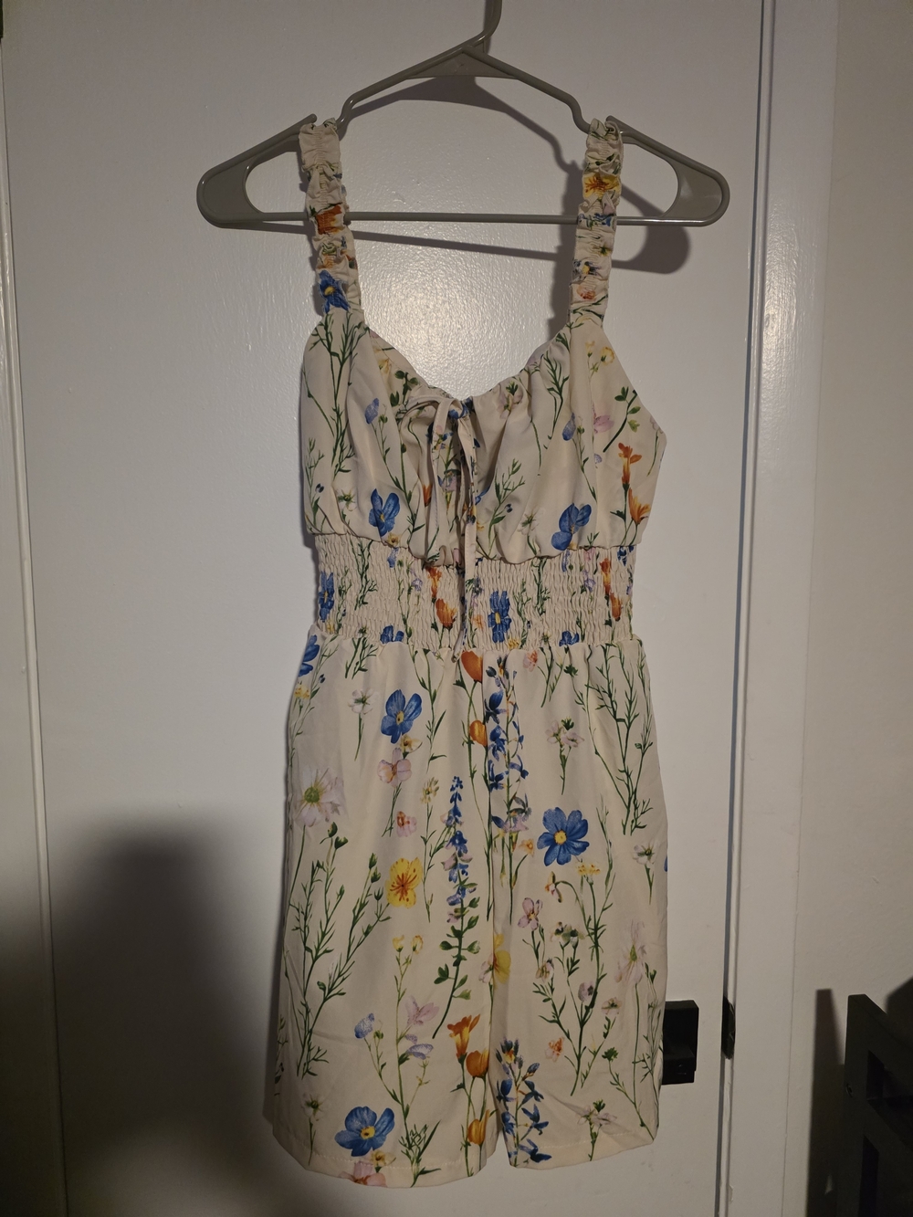 Floral Romper with Smocked Waist - Cream Base with Blue & Yellow Flowers